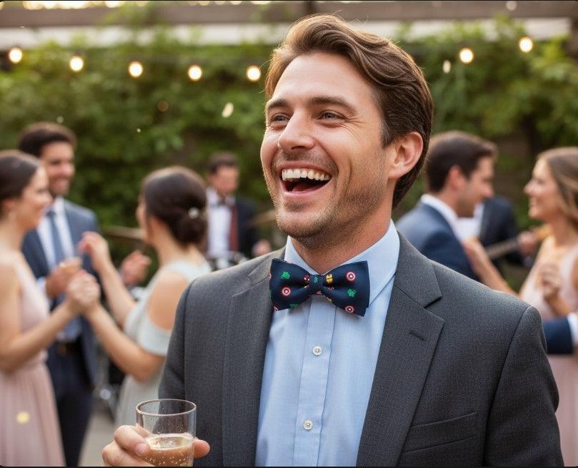 Hombre sonriente con pajarita original y divertida en evento social al aire libre, con gente conversando y luces de fondo