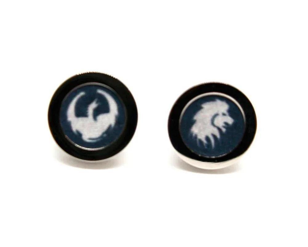 Gemelos redondos con diseño de dragón y león en fondo azul, accesorios frikis para hombre