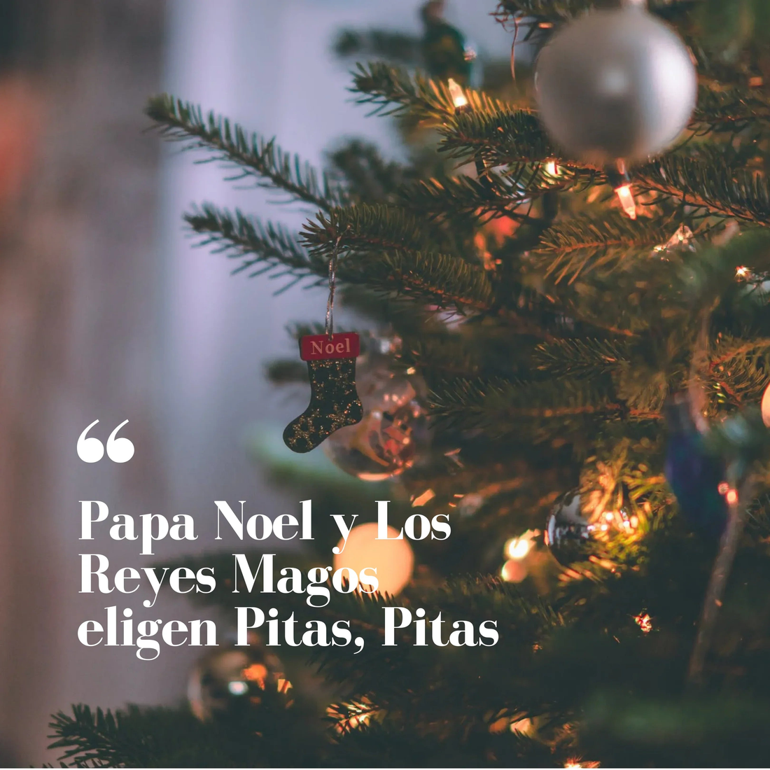 Detalle de árbol de Navidad con luces y decoración de calcetín con texto promocional de Pitas Pajaritas