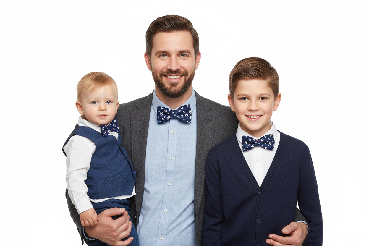 Padre e hijos con pajaritas Futbol proporcionales - horizontal