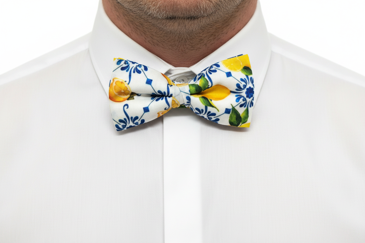 Detalle en cuello de la pajarita limones con celosia azul